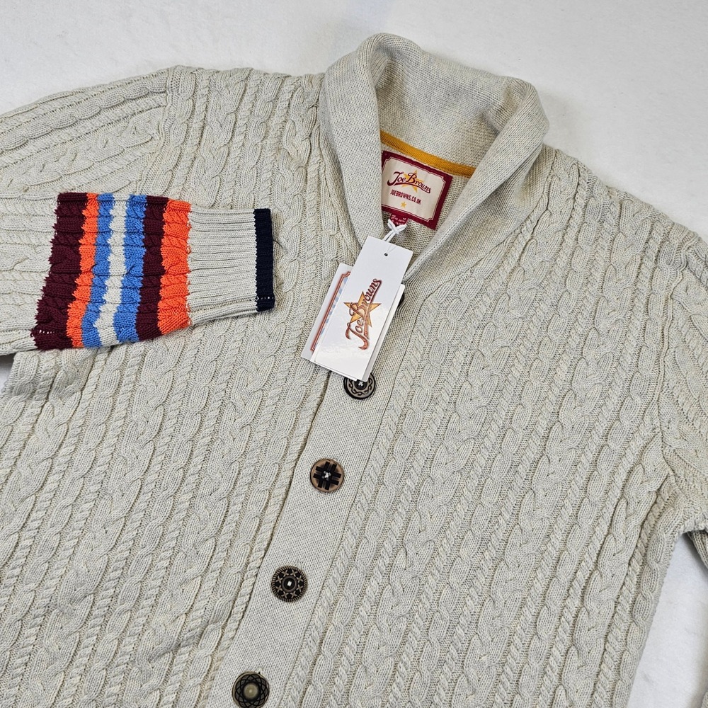 Joe Browns Mens Cable Knit Shawl Collar Cardigan Sweater Beige Striped Cuffs M